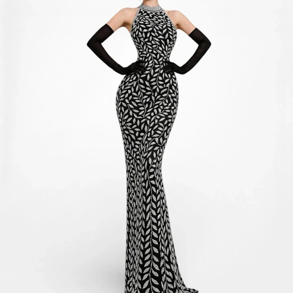 Vintage Y2K Black White Gray Floral Beaded Maxi Bodycon Formal Dress M - Picture 2 of 9